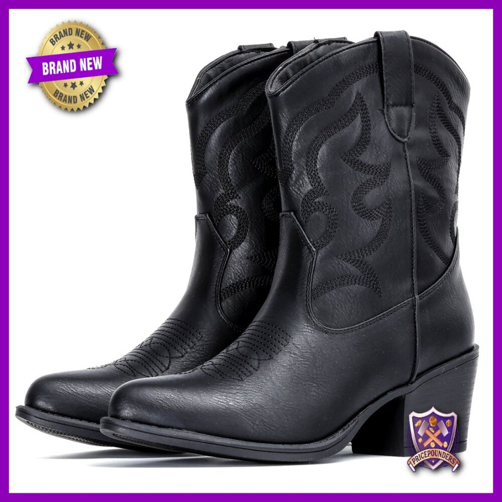 Wide Suede Ankle Western Cowgirl Boots Chunky Classic Pointed Toe Booties